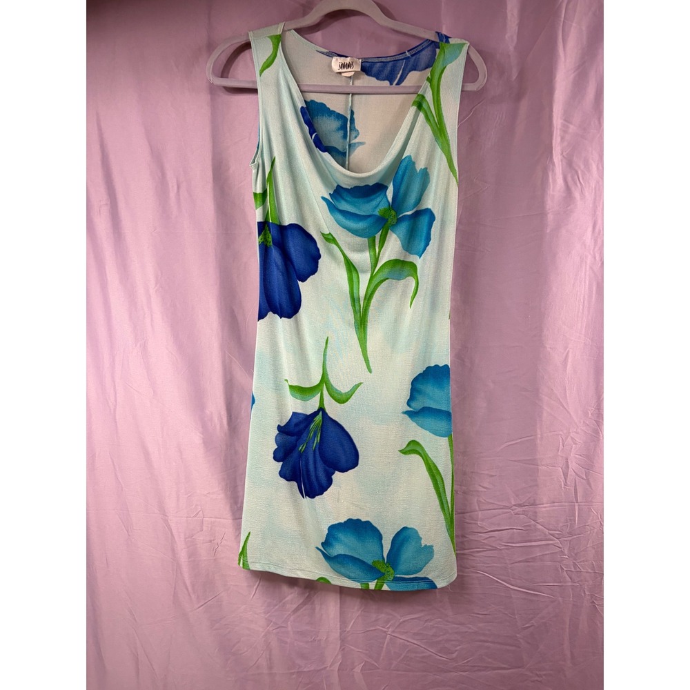 Savanas Blue Floral Cowl Neck Sleeveless Mini Dress Tropical Summer Aqua